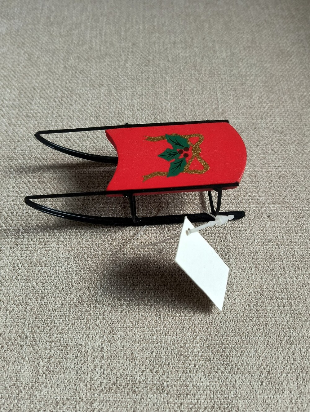 Red Wood & Metal Sleigh Sled Christmas Ornament 4" Vintage NWT